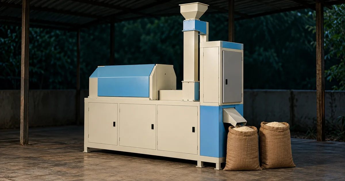 Illustrative compact mini rice mill unit with feed hopper and control cabinet, with rice-filled jute sacks at the outlet
