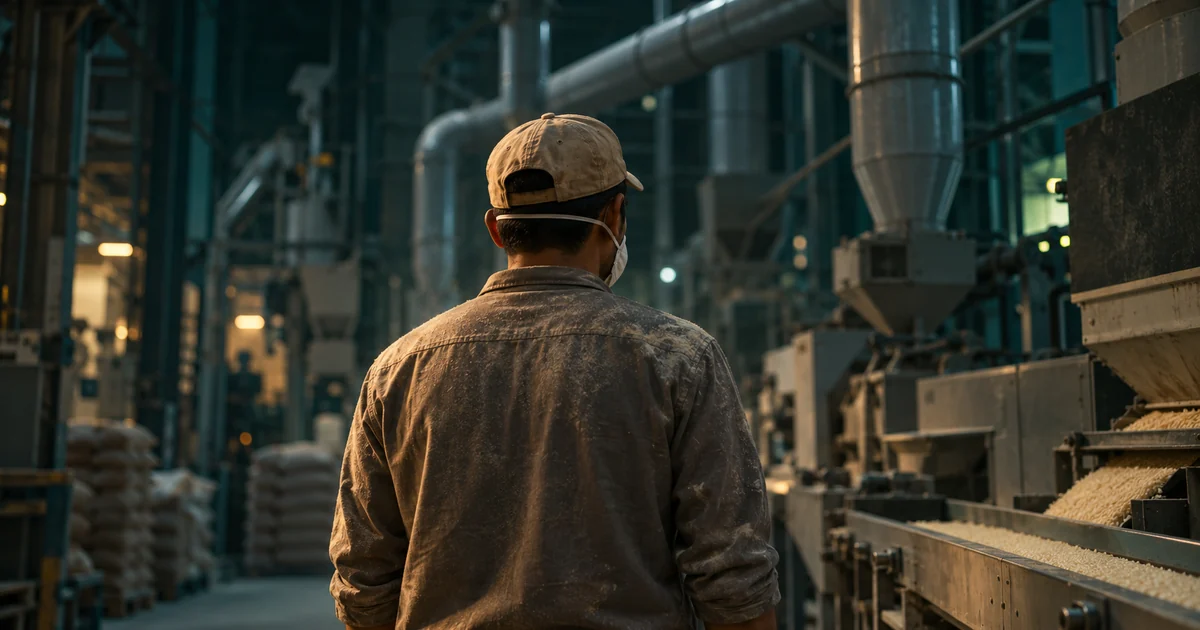 Mill worker in a face mask and dusty shirt walking beside a rice conveyor and dust extraction ducting