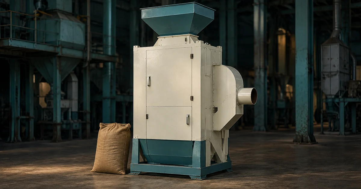 Illustrative rice huller machine with a top feed hopper, cream cabinet and side air outlet beside a jute sack