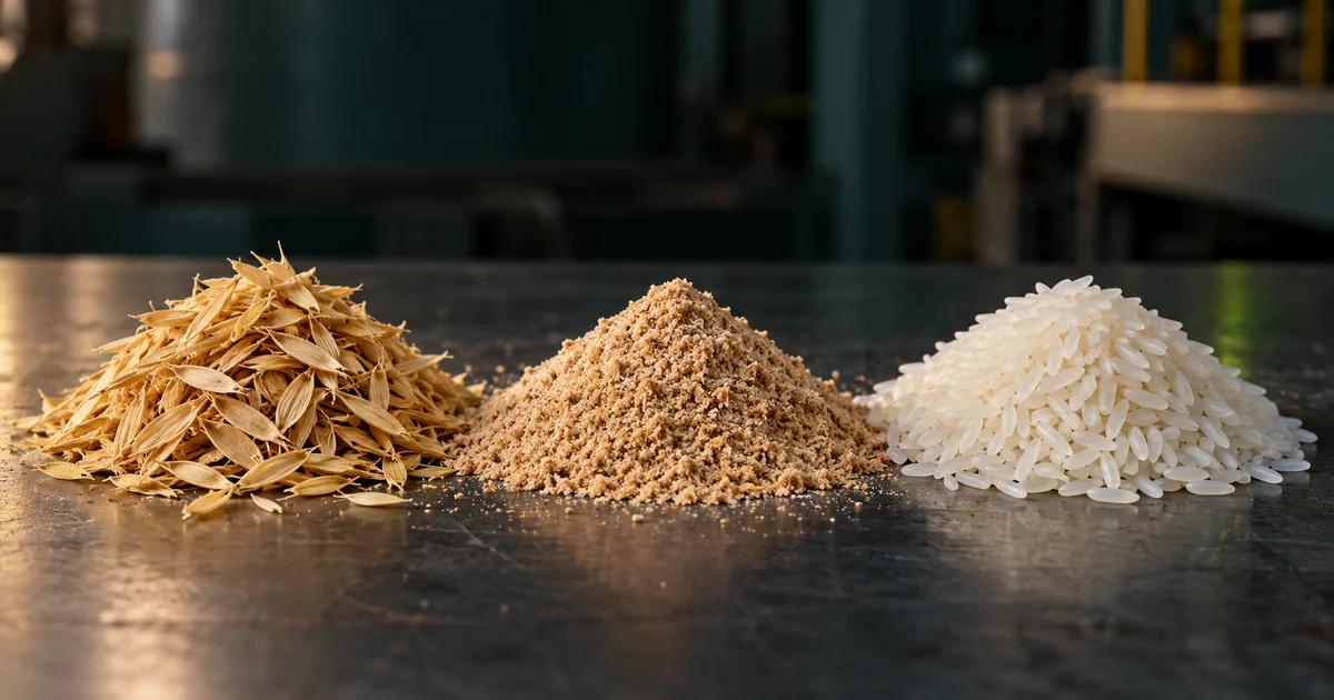 Three piles on a steel table: rice husk, brown rice bran and polished white rice, the main rice mill by-products