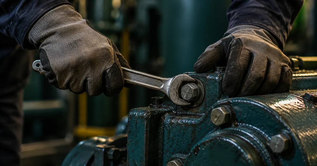 Gloved hands tightening a bolt with a spanner on a teal machine housing, representing rice mill maintenance