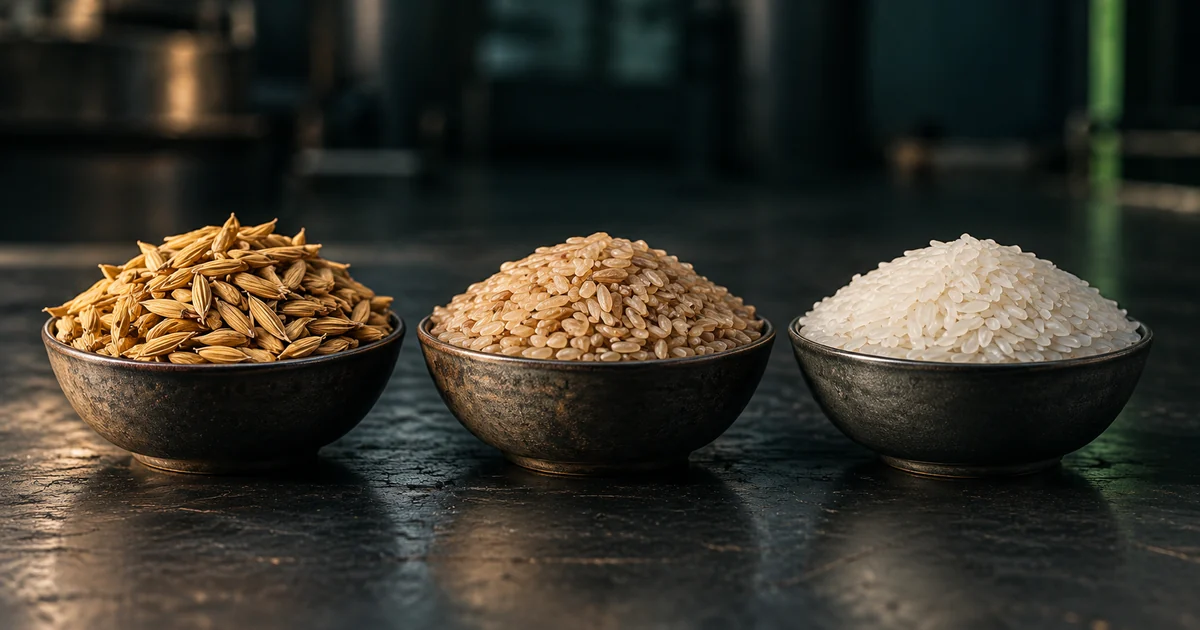Three bowls showing paddy, brown rice and polished white rice, the stages of the rice milling process