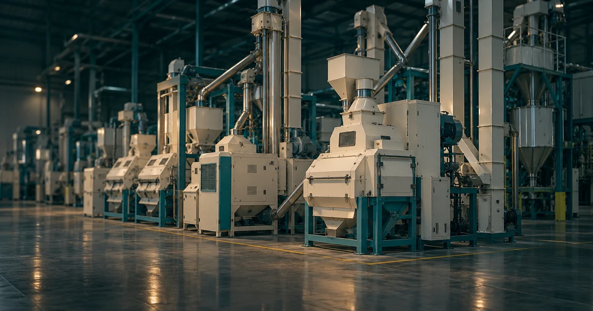 Row of cream and teal rice milling machines with hoppers, elevators and pipes on a mill floor, showing how a mill works