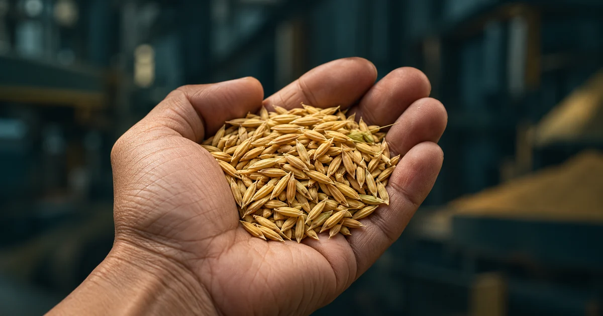 Hand holding a small amount of paddy grains in a rice mill, illustrating checking paddy moisture before dehusking