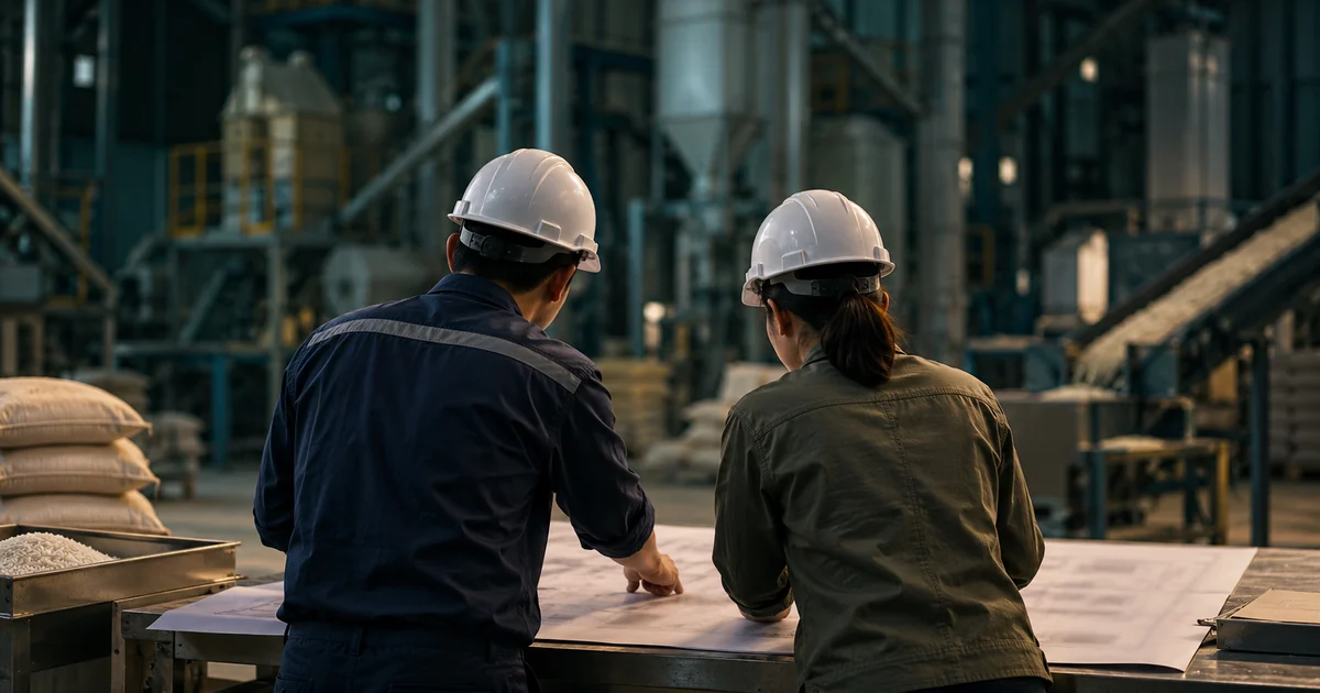 Two people in white hard hats studying a plant layout drawing on a table inside a rice mill, as in a consultant visit