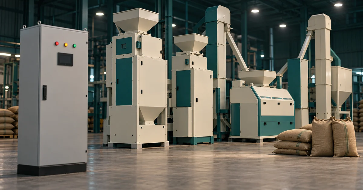 Illustrative rice milling line with a grey electrical control panel in front of hoppers, lifts and milling machines