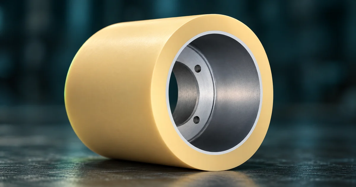 Close-up of a yellow rice rubber roller with steel hub, as used in rubber roll huskers compared with steel hullers
