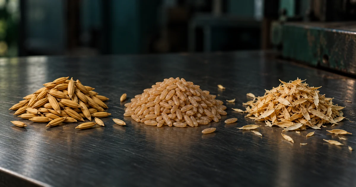 Illustrative piles of paddy, brown rice and loose husk on a steel surface, showing the output of dehusking