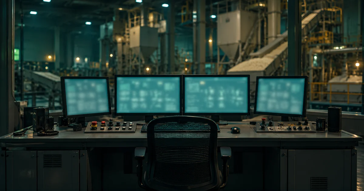 Rice mill control room desk with four monitors, control buttons and an empty chair overlooking the plant floor