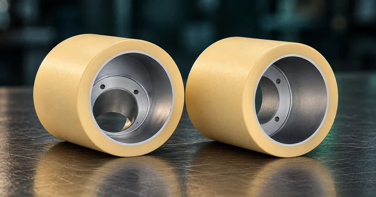 Two yellow rubber rolls with steel hubs on a reflective metal table, for choosing rolls for basmati and non-basmati rice