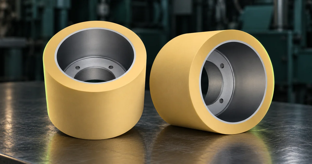 Matched pair of yellow rubber rolls with steel cores standing side by side, representing balanced rolls for a rice huller