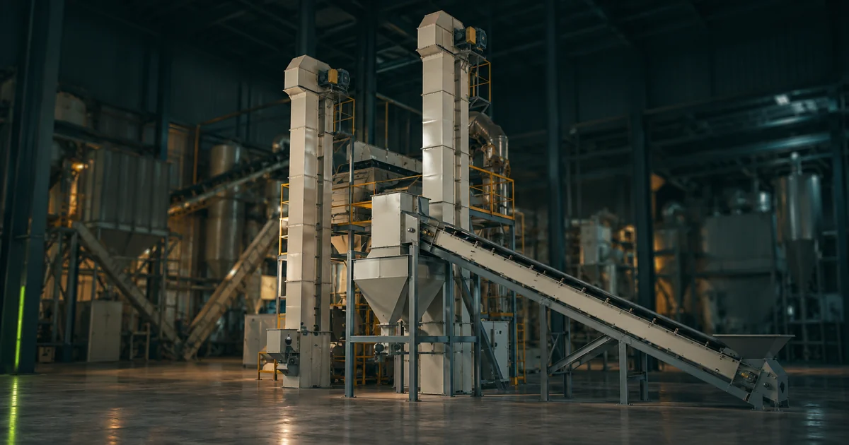 Rice mill hall with two tall bucket elevators and an inclined belt conveyor feeding a hopper, showing material handling