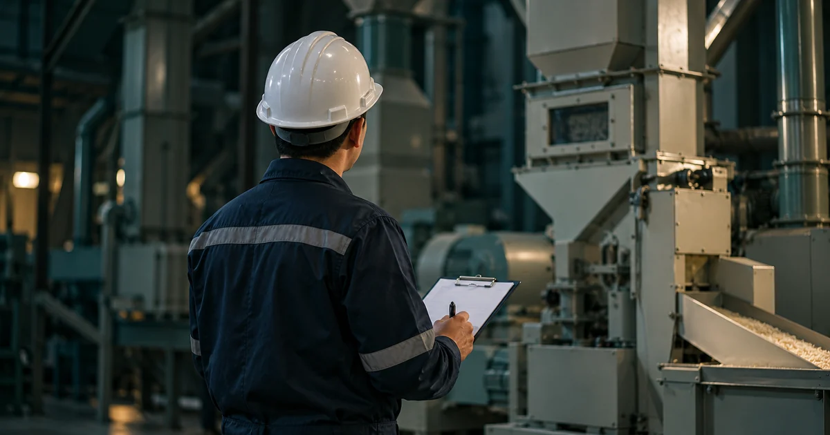 Engineer in white hard hat and navy coverall holding a clipboard while inspecting rice mill machinery during an audit