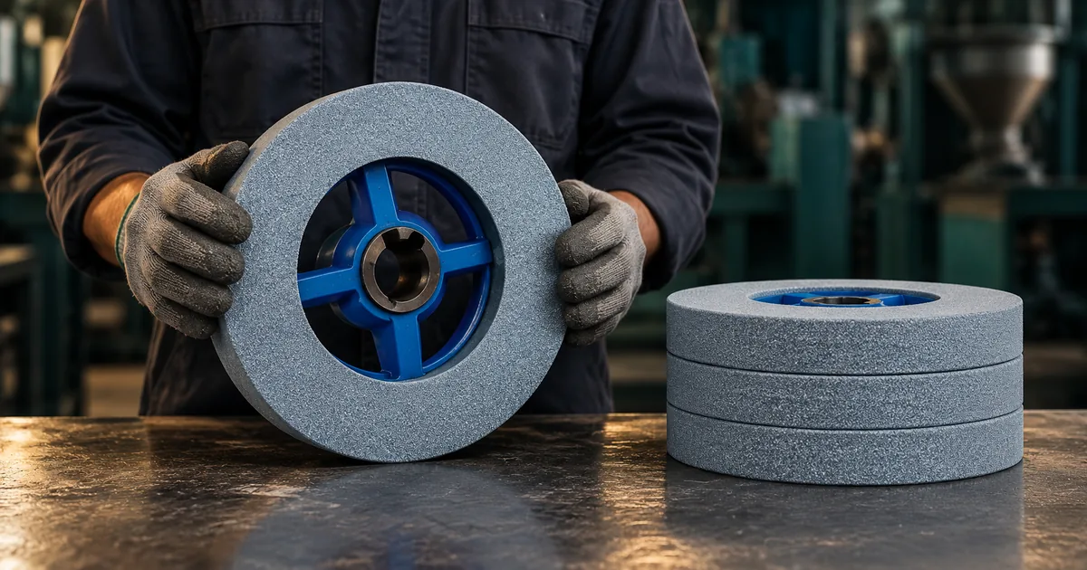 Gloved worker holding a grey abrasive polishing wheel with blue hub next to a stack of wheels, for replacement timing