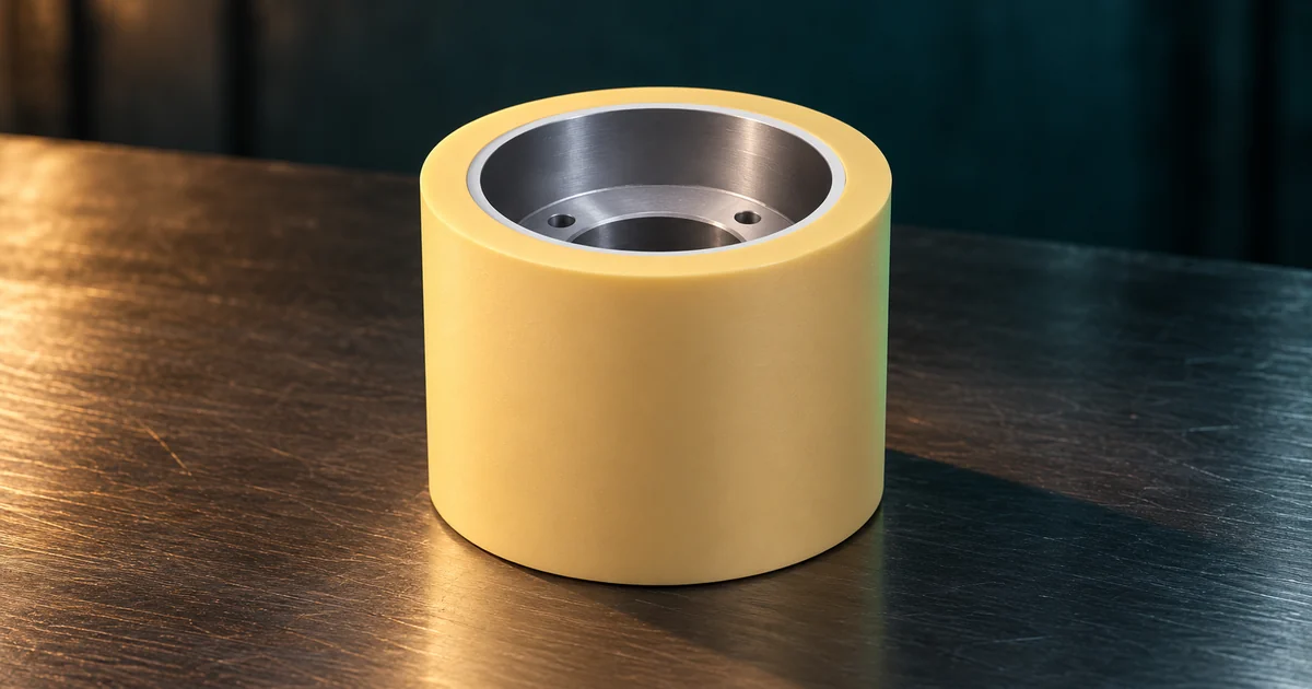 Single yellow rubber roller with steel hub on a metal table, relevant to rubber roller temperature and load ratings