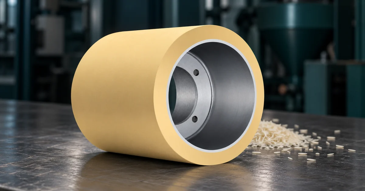 Yellow rubber roll with steel core beside scattered long basmati rice grains, relevant to 1121 basmati husker roller choice