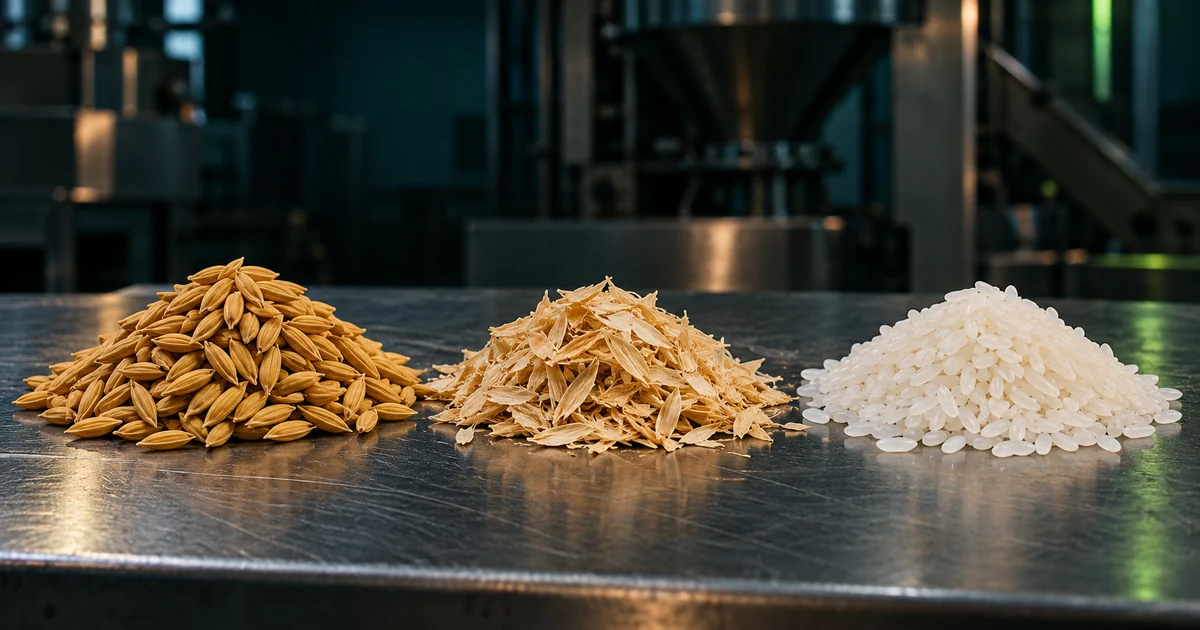 Three piles on a steel table: golden paddy, loose rice husk and polished white rice, showing milling yield from paddy