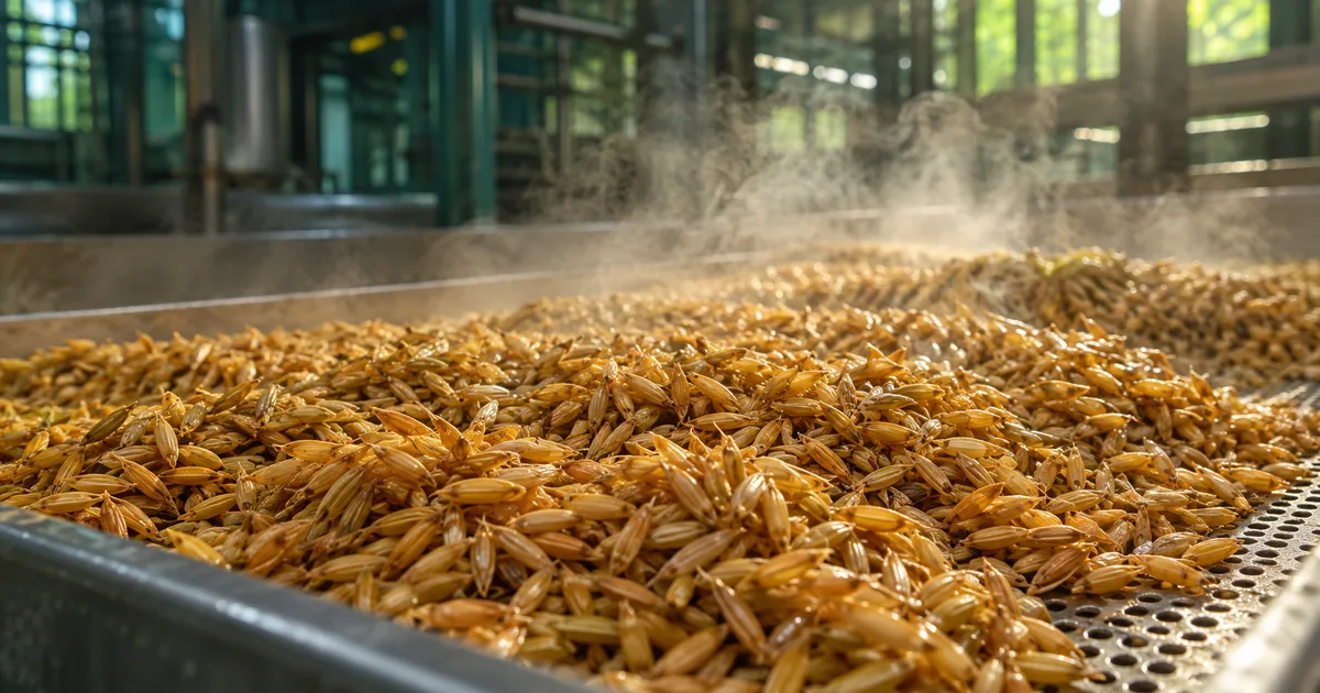 Freshly steamed parboiled paddy on a perforated steel drying tray in a rice mill