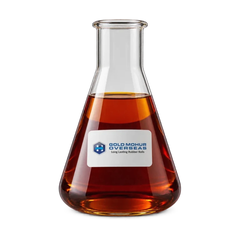 Laboratory flask of amber phenol formaldehyde (PF) resin with Gold Mohur Overseas label