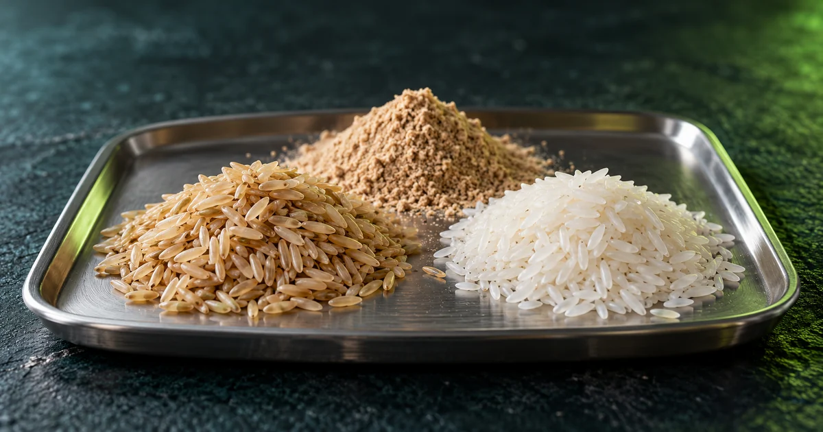 Unpolished brown rice, rice bran and polished white rice on a steel rice mill sample tray