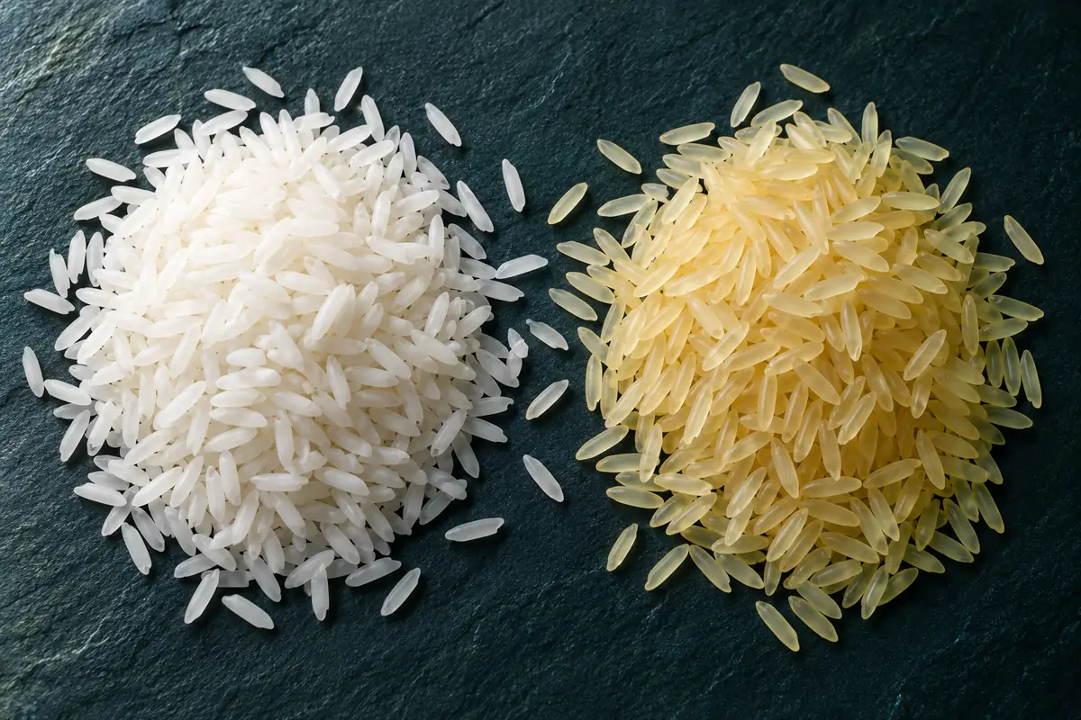 Raw milled white rice next to translucent golden parboiled rice