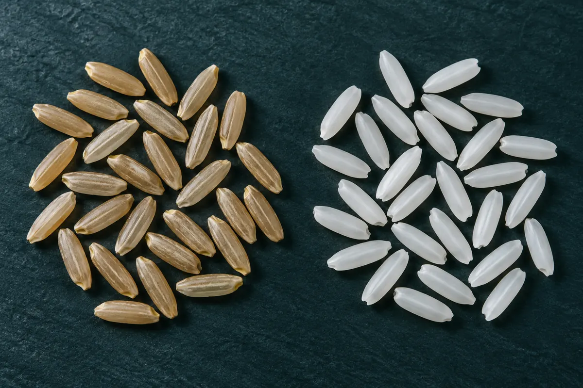 Close-up of unpolished brown rice grains next to polished white rice grains